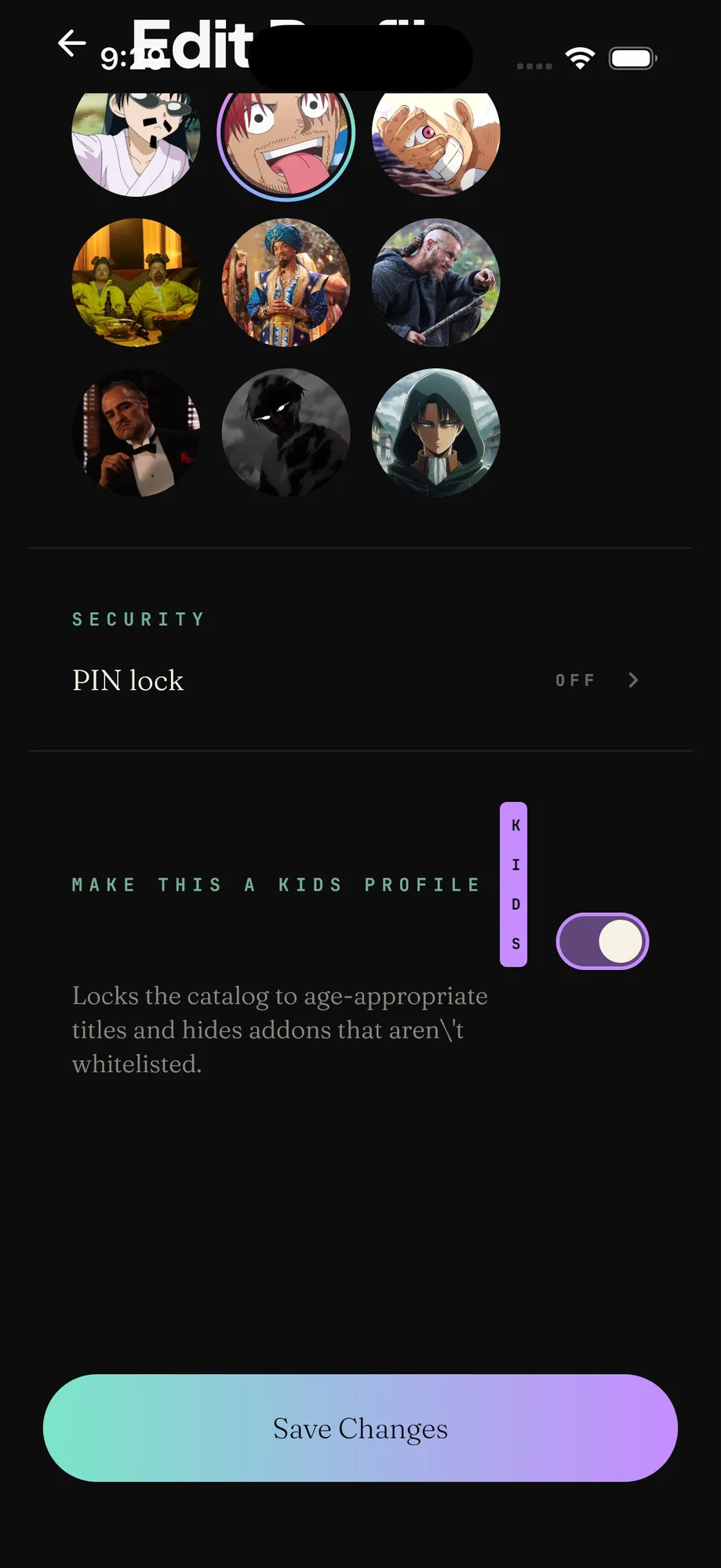 Kids profile toggle on